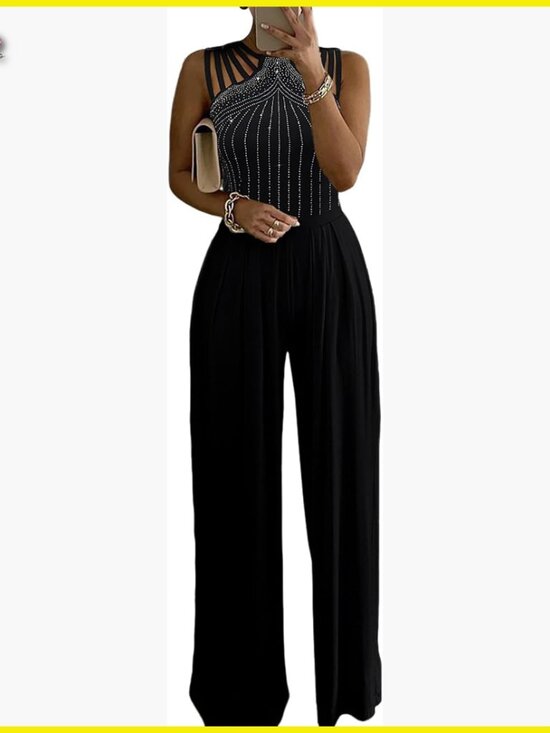 Rhinestone Cutout Jumpsuit Ruched Waist Wide Leg Elegant Evening Party Wear